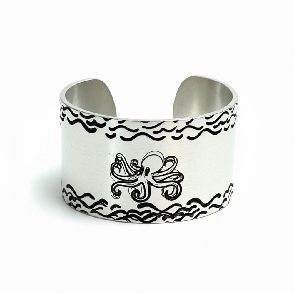 Handmade adjustable‎ octopus silver hand-stamped hypoallergenic ring